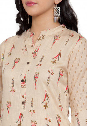 Printed Rayon Cotton Straight Kurta with Palazzo in Beige