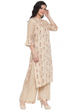 Printed Rayon Cotton Straight Kurta with Palazzo in Beige