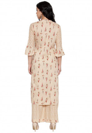 Printed Rayon Cotton Straight Kurta with Palazzo in Beige