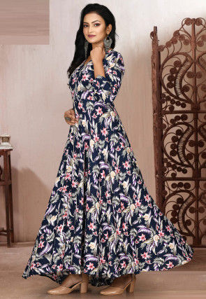 Printed Rayon Gown in Blue