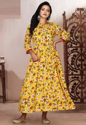 Printed Rayon Gown in Yellow