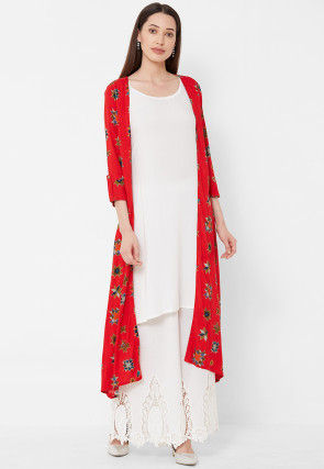 Printed Rayon Jacket Style Kurta in Off White and Red