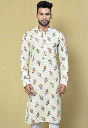 Printed Rayon Kurta in Off White