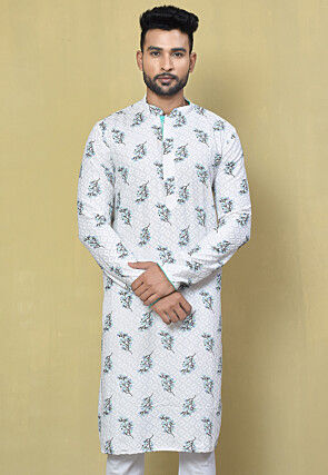 Printed Rayon Kurta in White