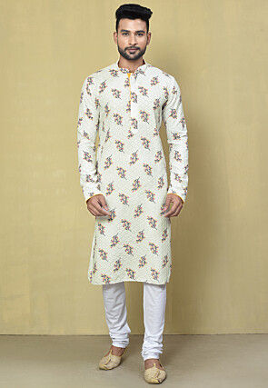 Printed Rayon Kurta Set in Off White