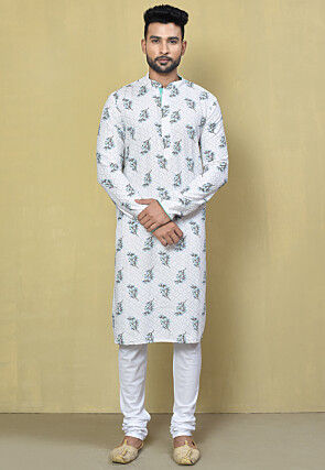 Printed Rayon Kurta Set in White