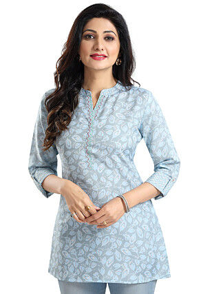Printed Rayon Kurti in Light Blue
