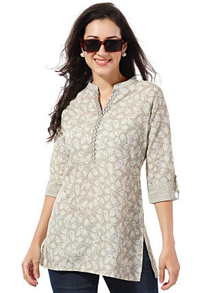 Printed Rayon Kurti in Light Grey