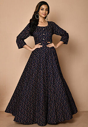 Printed Rayon Long Gown in Navy Blue