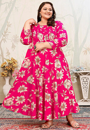 Printed Rayon Long Kurta in Fuchsia