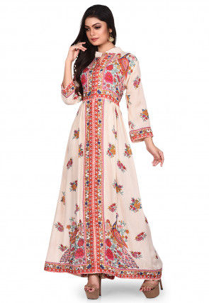 Printed Rayon Long Kurta in Light Beige