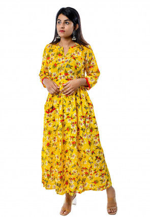 Printed Rayon Maxi Dress in Dark Yellow