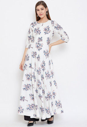 Printed Rayon Maxi Dress in Off White