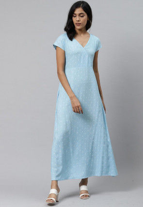 Printed Rayon Maxi Dress in Sky Blue