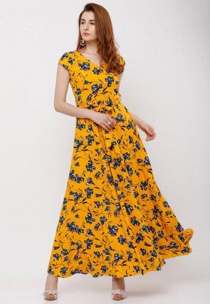Printed Rayon Maxi Dress in Yellow
