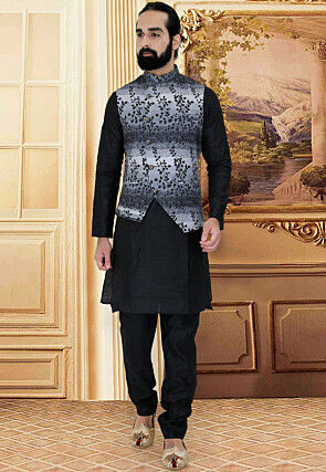 Printed Rayon Asymmetric Nehru Jacket in Grey