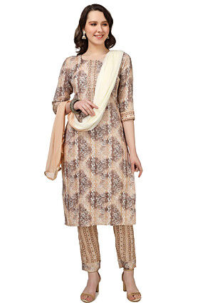 Printed Rayon Pakistani Suit in Beige and Brown