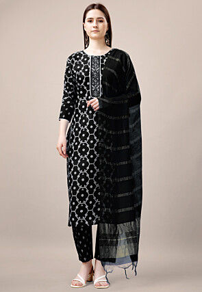 Printed Rayon Pakistani Suit in Black