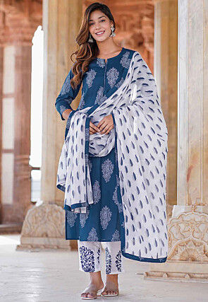 Printed Rayon Pakistani Suit in Blue
