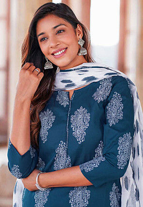 Printed Rayon Pakistani Suit in Blue