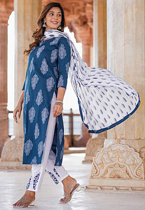 Printed Rayon Pakistani Suit in Blue