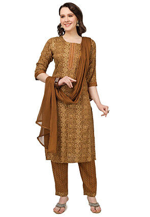 Printed Rayon Pakistani Suit in Brown