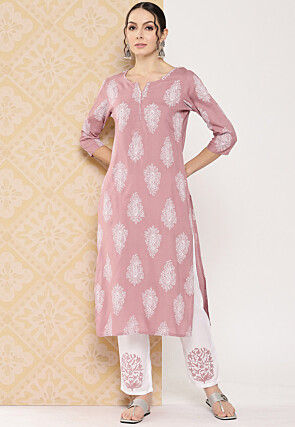 Printed Rayon Pakistani Suit in Dusty Pink
