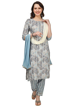 Printed Rayon Pakistani Suit in Grey and Sky Blue