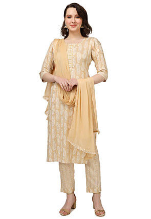 Printed Rayon Pakistani Suit in Light Beige