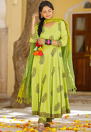 Printed Rayon Pakistani Suit in Light Neon Green