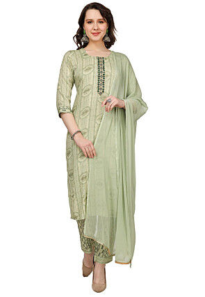 Printed Rayon Pakistani Suit in Light Olive Green