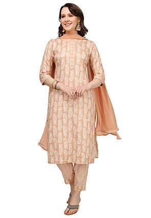 Printed Rayon Pakistani Suit in Light Peach