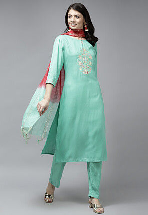 Printed Rayon Pakistani Suit in Light Teal Green