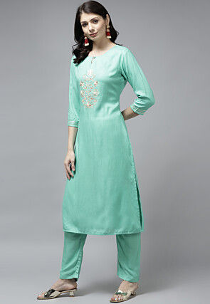 Printed Rayon Pakistani Suit in Light Teal Green