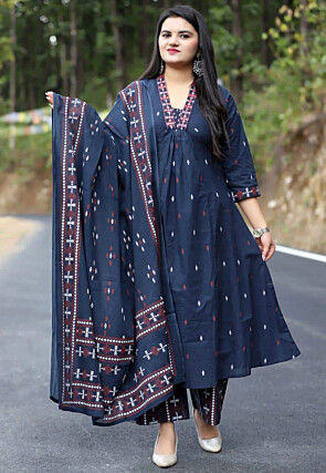 Printed Rayon Pakistani Suit in Navy Blue