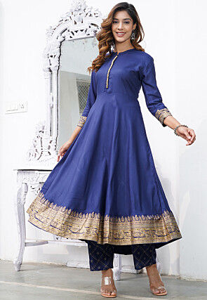 Printed Rayon Pakistani Suit in Navy Blue