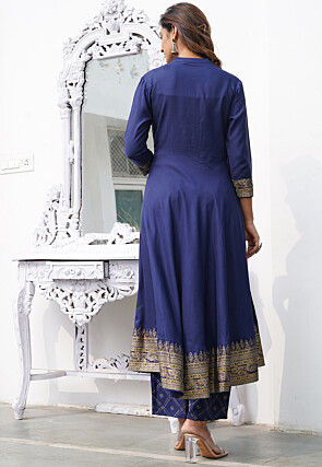 Printed Rayon Pakistani Suit in Navy Blue