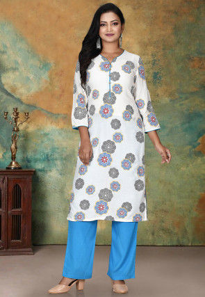 Printed Rayon Pakistani Suit in Off White