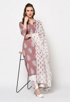Printed Rayon Pakistani Suit in Old Rose