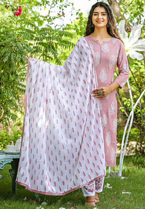 Printed Rayon Pakistani Suit in Old Rose