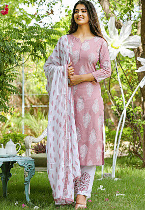 Printed Rayon Pakistani Suit in Old Rose