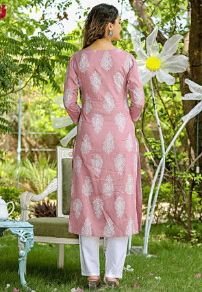 Printed Rayon Pakistani Suit in Old Rose