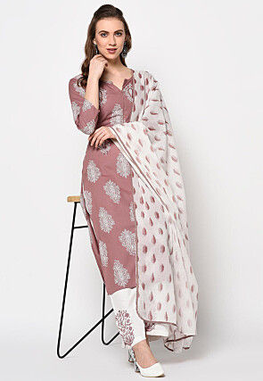 Printed Rayon Pakistani Suit in Old Rose