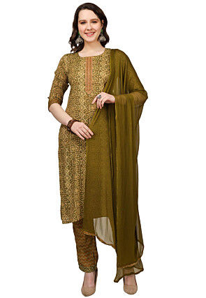 Printed Rayon Pakistani Suit in Olive Green