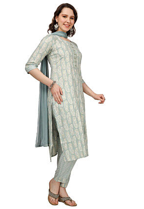 Printed Rayon Pakistani Suit in Sky Blue
