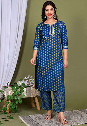 Printed Rayon Pakistani Suit in Teal Blue