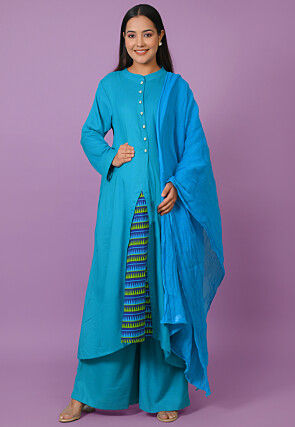 Printed Rayon Pakistani Suit in Teal Blue