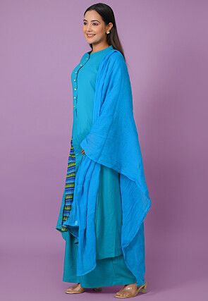 Printed Rayon Pakistani Suit in Teal Blue