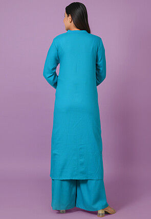 Printed Rayon Pakistani Suit in Teal Blue