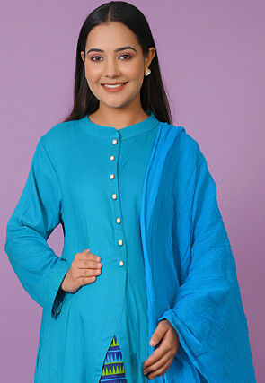 Printed Rayon Pakistani Suit in Teal Blue